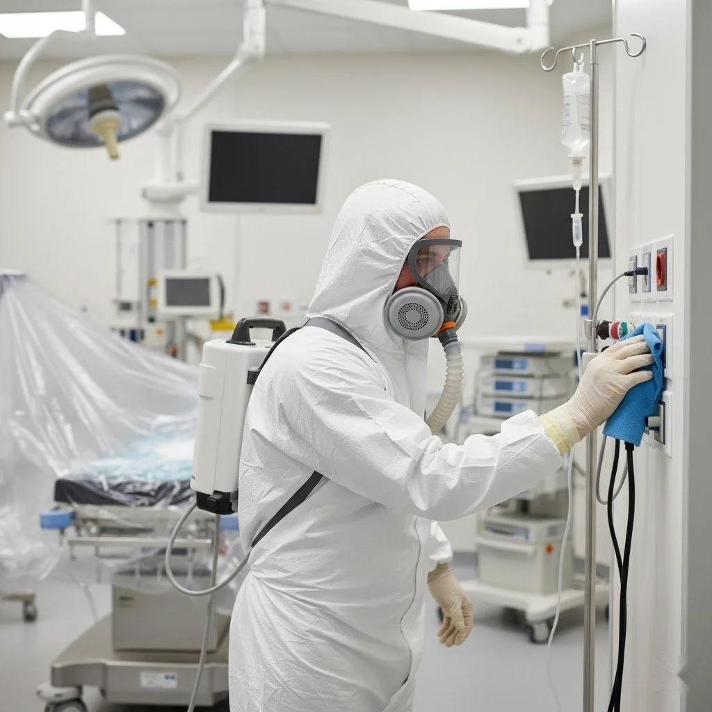 Expert commercial mold remediation in a Charlotte NC hospital room by a technician in a full hazmat suit.