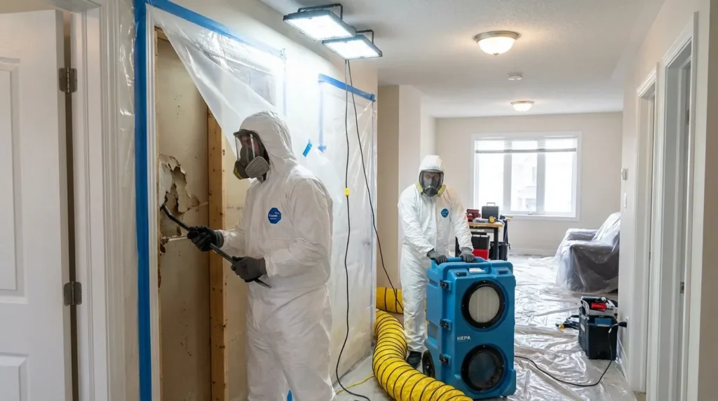 Team performing commercial mold remediation in Charlotte, NC using HEPA air scrubbers and wall demolition.