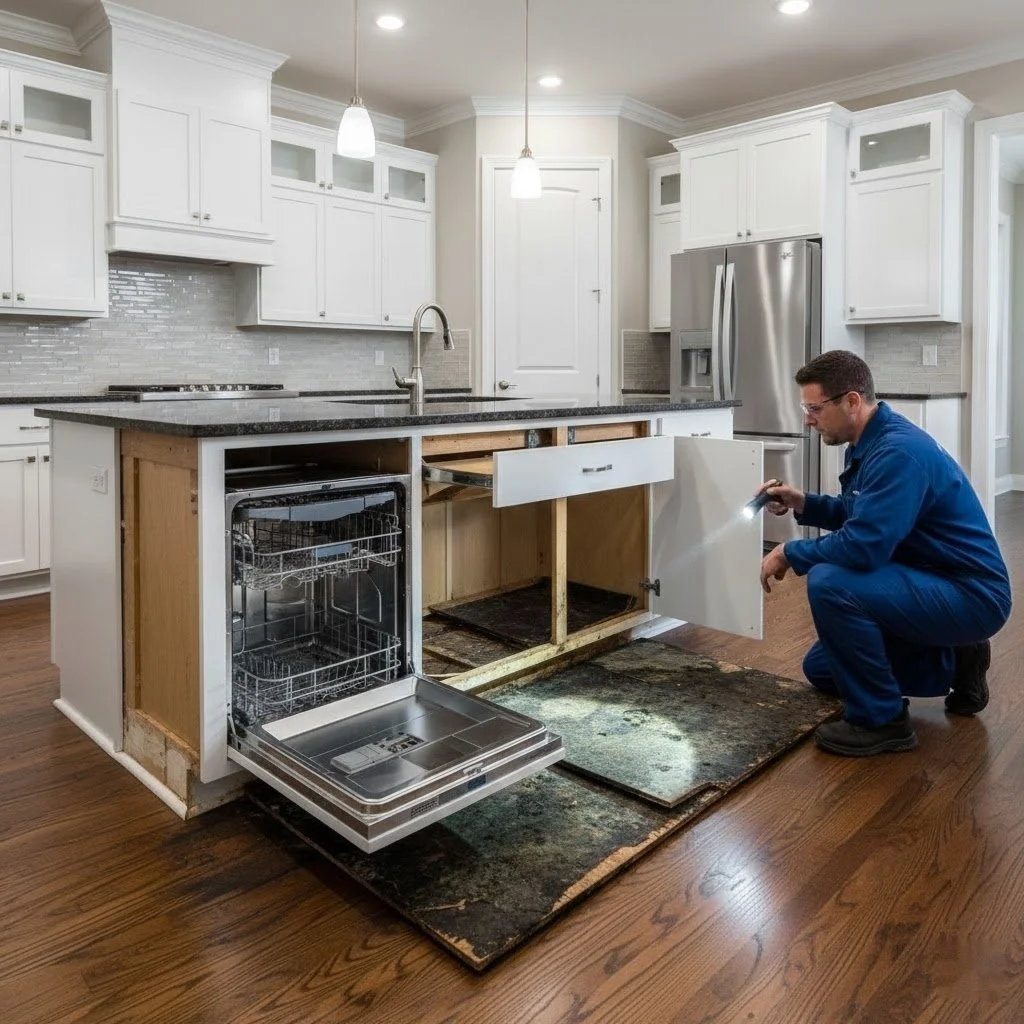 Professional inspection of kitchen island cabinets for residential mold remediation in Charlotte, NC.