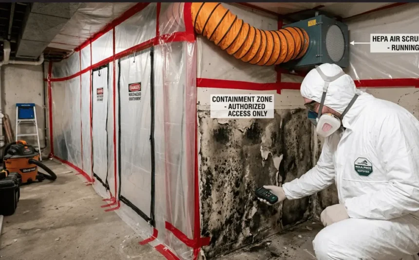 Professional Technician Executing Mold Remediation Process Steps in Basement A photo illustrating several mold remediation process steps. A technician in a Hazmat suit inspects a black moldy wall with a moisture meter. Behind him, a containment zone is sealed with plastic, and a HEPA air scrubber is running, showing the initial setup for professional mold removal.
