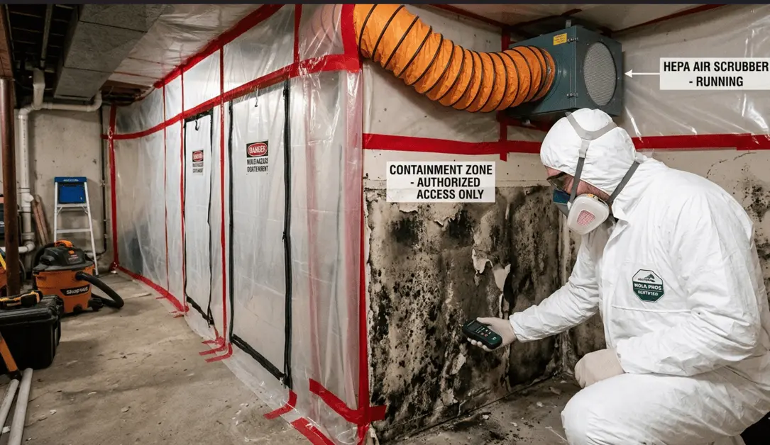 A photo illustrating several mold remediation process steps. A technician in a Hazmat suit inspects a black moldy wall with a moisture meter. Behind him, a containment zone is sealed with plastic, and a HEPA air scrubber is running, showing the initial setup for professional mold removal.