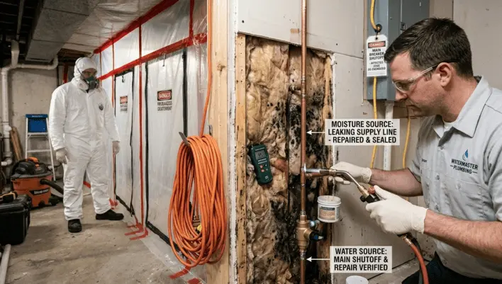 A composite infographic-style image illustrating two initial mold remediation process steps inside a concrete basement. The left side is a photograph showing a worker in full Tyvek PPE holding an air sampling pump within a sealed containment zone. In the foreground, an exposed wall cavity reveals a copper water pipe with an 'M' check valve.