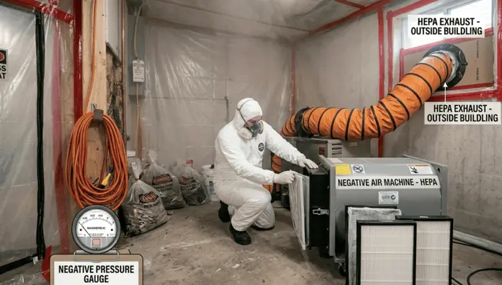 A professional technician executing critical mold remediation process steps inside a sealed plastic containment zone. The worker, wearing a full white Tyvek suit and respirator, slides a HEPA filter into a large industrial negative air machine. An orange flexible exhaust duct runs from the machine out through a sealed basement window, labeled "HEPA EXHAUST - OUTSIDE BUILDING". In the foreground, an inset graphic displays a "NEGATIVE PRESSURE GAUGE" (Magnehelic gauge) verifying the containment zone's pressure, while sealed disposal bags filled with contaminated materials sit in the background.