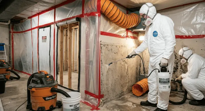 A photo illustrating a critical part of the professional mold remediation process steps. A technician in a Tyvek suit and respirator sprays a "MOLD-GON" antimicrobial treatment onto a concrete basement wall that has severe black mold. A second worker vacuums debris. Behind them is a sealed containment zone with a zipper door and HEPA air scrubber ducting.