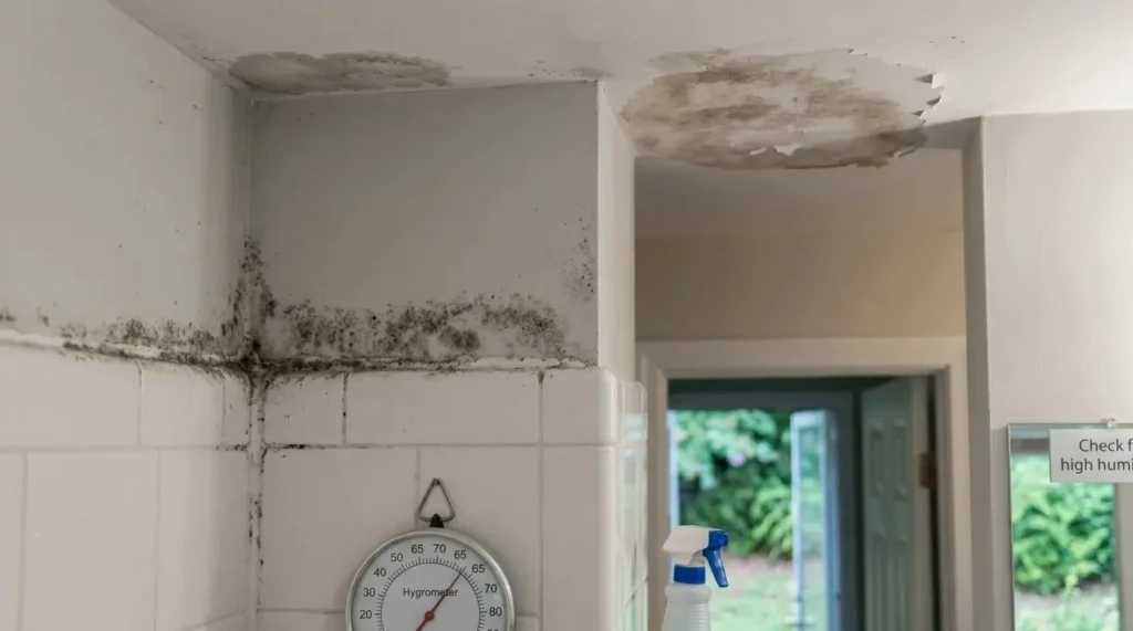 Visible black mold growth on bathroom tiles and ceiling water damage in a Charlotte, NC home with a hygrometer showing high humidity levels.