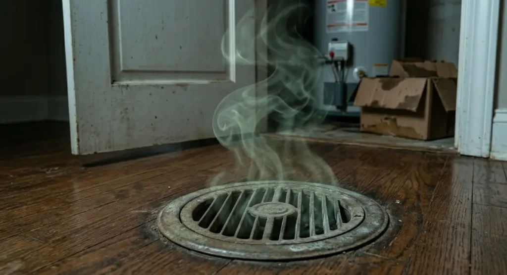 A floor HVAC vent on hardwood floors in a Charlotte home with green vapor rising to symbolize a musty mold odor.