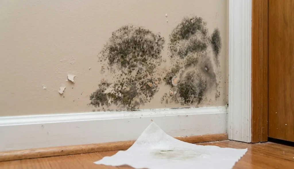 Large patches of black and green mold growing on a beige interior wall above white baseboards in a Charlotte, NC home.