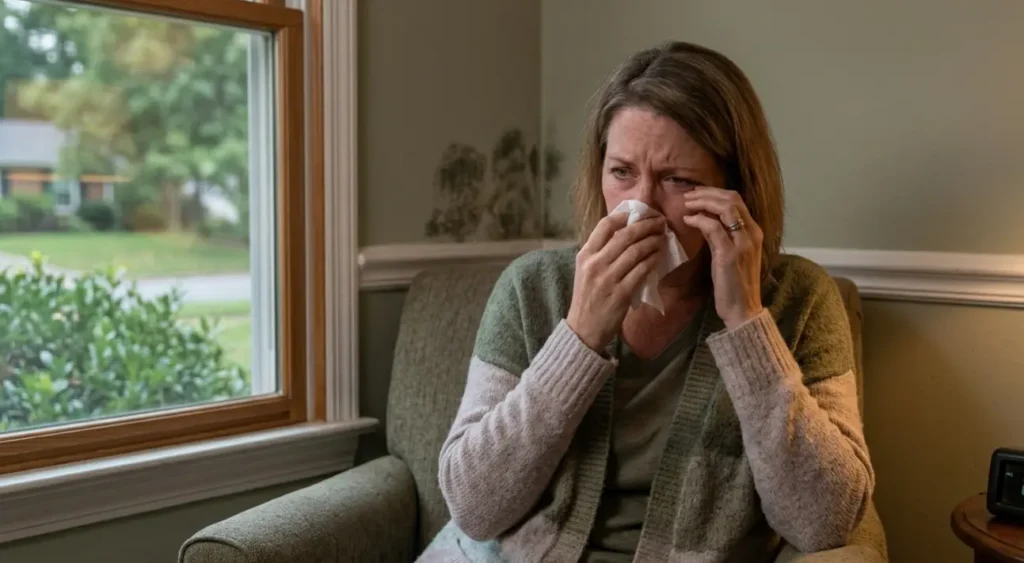 A woman sitting in a living room armchair, rubbing her watery eye and holding a tissue to her nose as she suffers from allergy symptoms. In the background wall behind her, faint patches of dark mold growth are visible near a window, illustrating indoor air quality issues and mold-induced respiratory reactions.