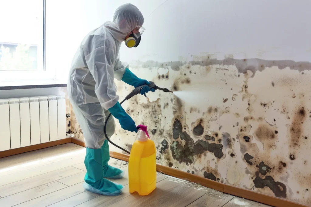 Professional crawl space mold remediation in Gastonia, NC, featuring a technician in full protective gear treating fungal growth and moisture damage.
