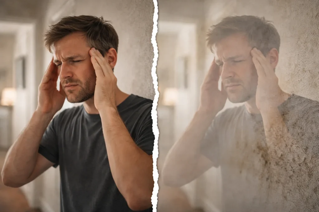 Charlotte homeowner experiencing headaches and fatigue due to toxic basement mold exposure and poor air quality.