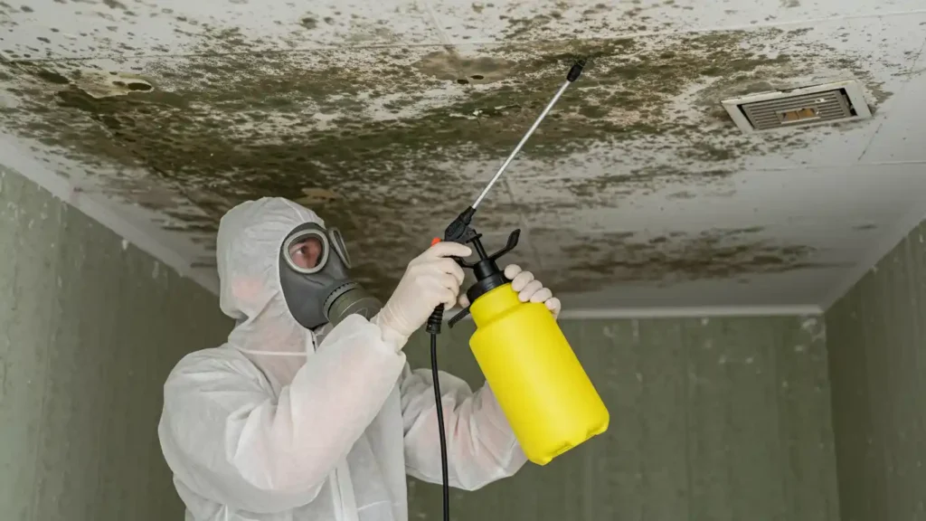 Remediation specialist in a full respirator and hazmat suit treating mold growth on roof sheathing and rafters as part of attic mold remediation in Charlotte NC.