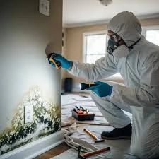Technician using a moisture meter during commercial mold remediation in a Charlotte NC property.
