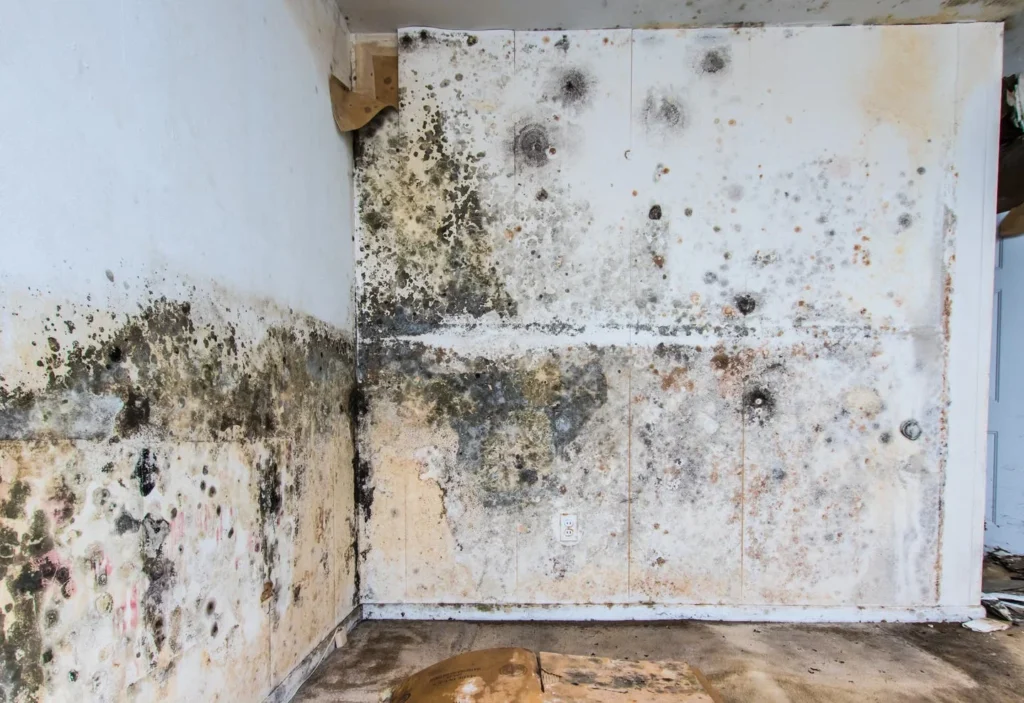 Severe toxic mold infestation on office walls requiring urgent commercial mold remediation in Charlotte, NC.