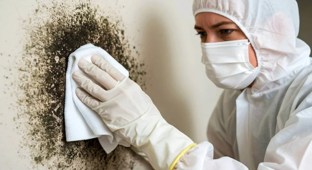 Close-up of a specialist identifying black mold growth on a wall, a key sign that you need professional mold remediation in Gastonia, NC.