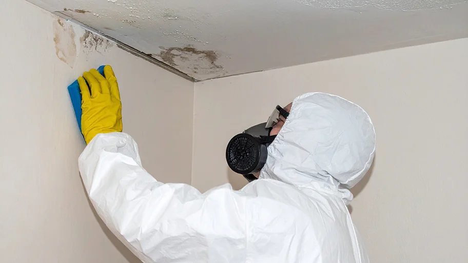 Professional inspector in a respirator and hazmat suit testing for ceiling mold during a mold remediation service in Gastonia, NC.