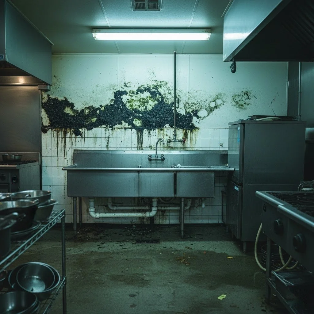 Severe black mold growth on a commercial kitchen wall requiring commercial mold remediation in Charlotte, NC.