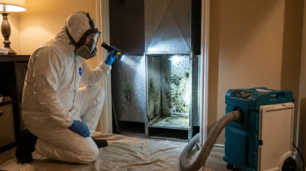 Certified specialist inspecting a furnace unit for HVAC mold remediation in Charlotte, NC, using a flashlight and PPE.