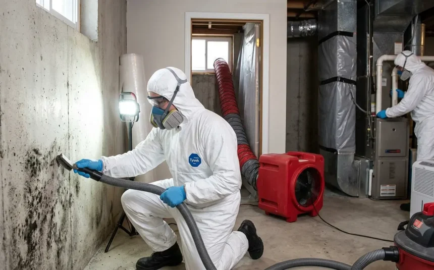 Professional Basement Mold Remediation Process and Timeline A photo from the file "How Long Does Mold Remediation Take.webp" shows two professional technicians in full protective gear cleaning severe black mold from concrete basement walls and inspecting HVAC systems with professional equipment.