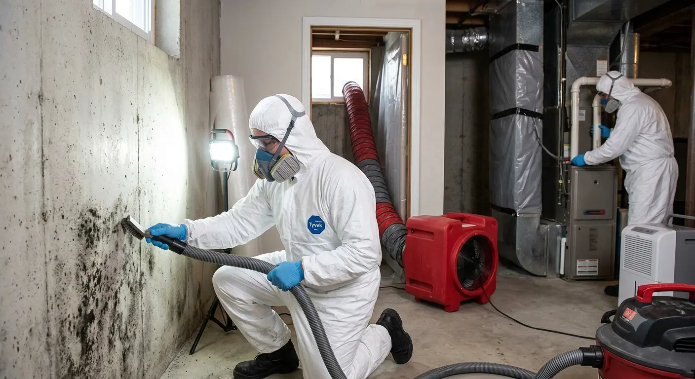 A photo from the file "How Long Does Mold Remediation Take.webp" shows two professional technicians in full protective gear cleaning severe black mold from concrete basement walls and inspecting HVAC systems with professional equipment.