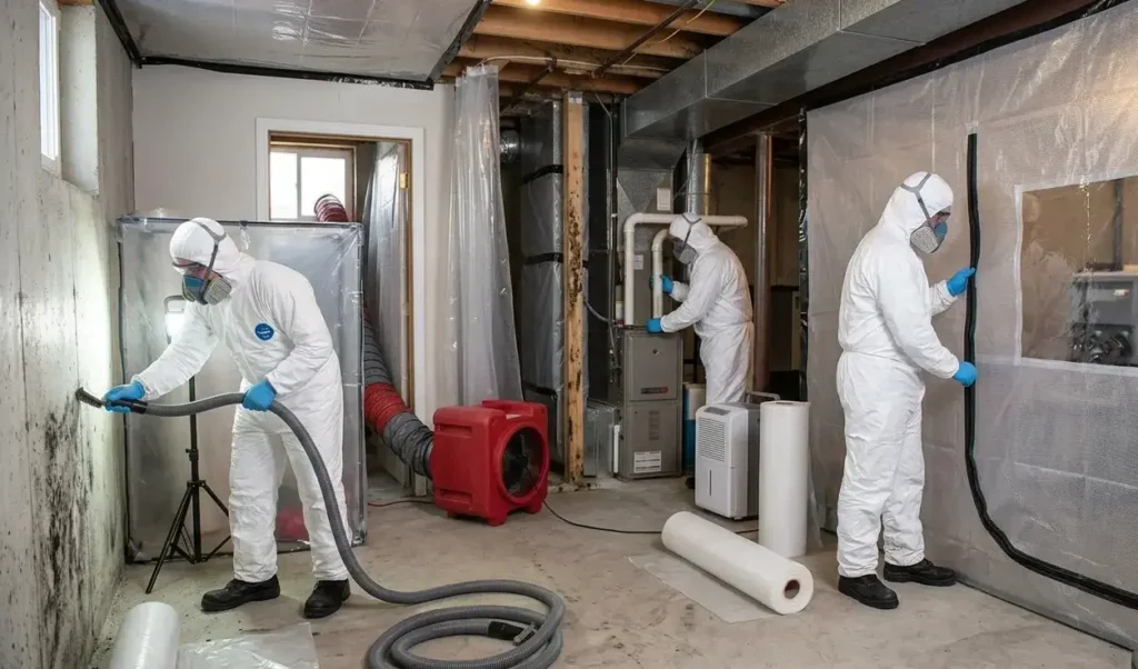 A infographic overlay of a photograph, titled 'ESTIMATED MOLD REMEDIATION WORKFLOW TIMELINE,' showing three professionals in white hazmat suits and respirators in a basement. On the left, a technician uses a HEPA vacuum to clean a moldy concrete wall. In the center, a large, green continuous air cleaning scrubber and a yellow continuous air through clearance unit are active. On the right, a third technician is inside a clear plastic containment chamber, meticulously cleaning the interior. Callout arrows with text specify estimated timelines for different project phases: 'CLEANING / HEPA VACUUMING: DAY 2-3', 'SYSTEM INSPECTION / PREP: DAY 2', 'CONTAINMENT SEALING / AIR FILTRATION SETUP: DAY 1', 'CONTINUOUS AIR CLEANING THROUGH CLEARANCE', and 'TOTAL PROJECT TIMELINE (EST.): 3-5 DAYS'. The overlay also lists key factors like 'CONTAMINATION SCALE, HVAC COMPLEXITY'.