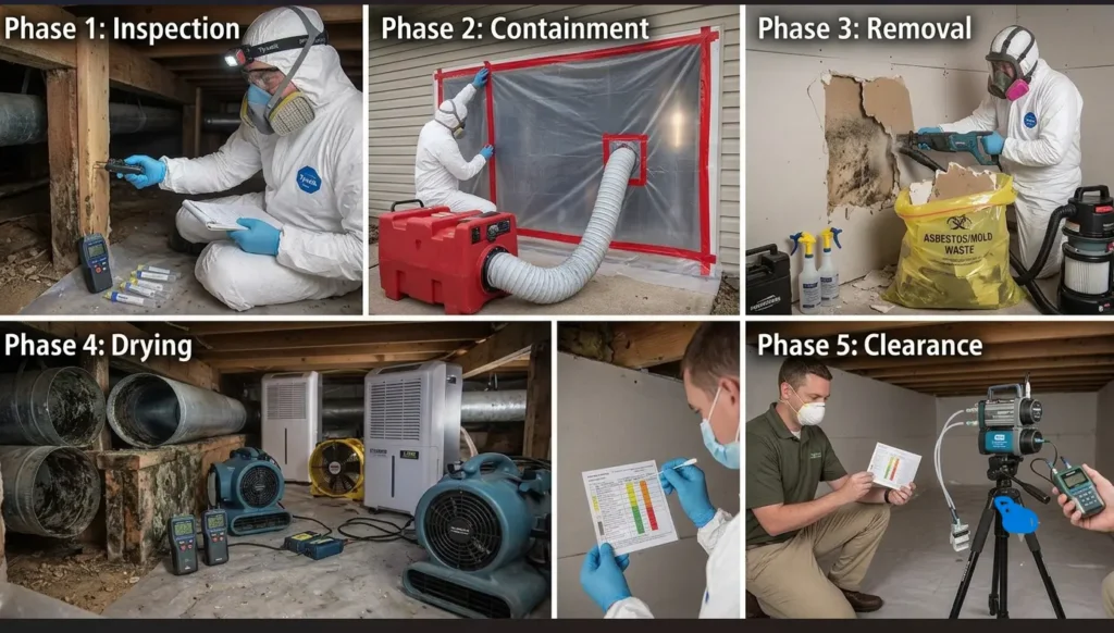 A 5-pane infographic from the file "image 4.webp" detailing the sequential stages of how long mold remediation takes, labeled Phase 1: Inspection, Phase 2: Containment, Phase 3: Removal, Phase 4: Drying, and Phase 5: Clearance.