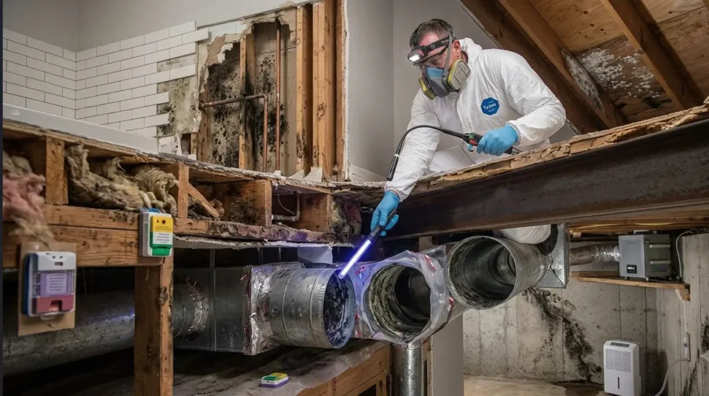 An infographic titled "ESTIMATED REMEDIATION WORKFLOW TIMELINE" from the file " shows a technician in a protective suit using a UV light to trace hidden mold across a bathroom wall cavity, crawl space flooring, and HVAC ductwork.