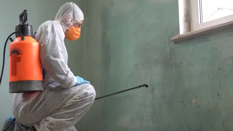 A remediation specialist wearing a white suit, orange respirator, and backpack tank sprayer inspecting a green wall Mold Removal comparison.