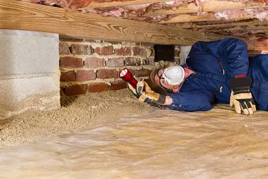 An inspector in safety gear using a flashlight to check a residential crawl space with a vapor barrier, demonstrating how to prevent mold in crawl space areas.