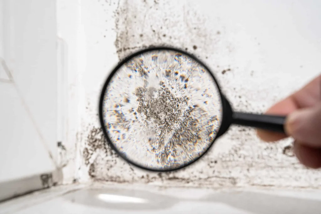 Close-up view of a hand holding a magnifying glass over dark, speckled fungal growth spreading along a white wall seam.