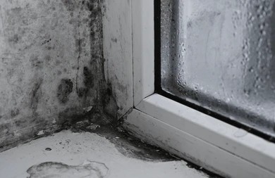 Black mold growth on drywall and windowsill caused by winter window condensation