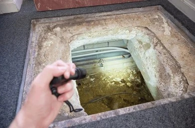 Inspecting crawl space moisture and red clay soil under Charlotte NC home foundation.