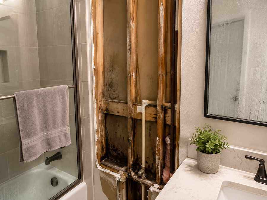 Bathroom wall opened beside a shower revealing damp framing, plumbing, and moisture affected materials behind the drywall.